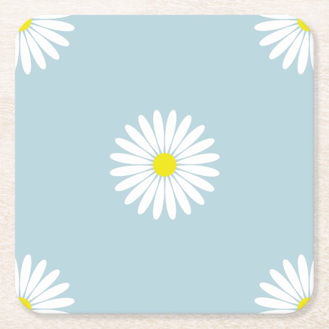 Daisies Illustrative Lg Pattern on Pale Blue Square Paper Coaster (Front)
