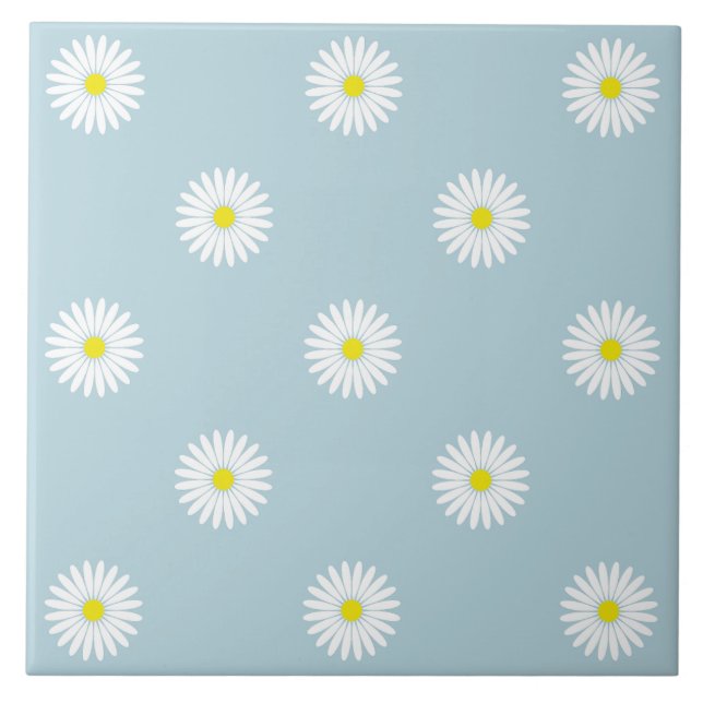 Daisies Illustrative Pattern on Pale Blue Ceramic Tile (Front)