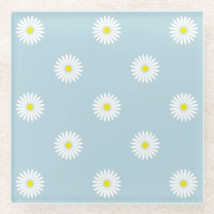 Daisies Illustrative Pattern on Pale Blue Glass Co Coaster