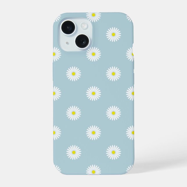 Daisies Illustrative Pattern on Pale Blue iPhone 15 Case (Back)