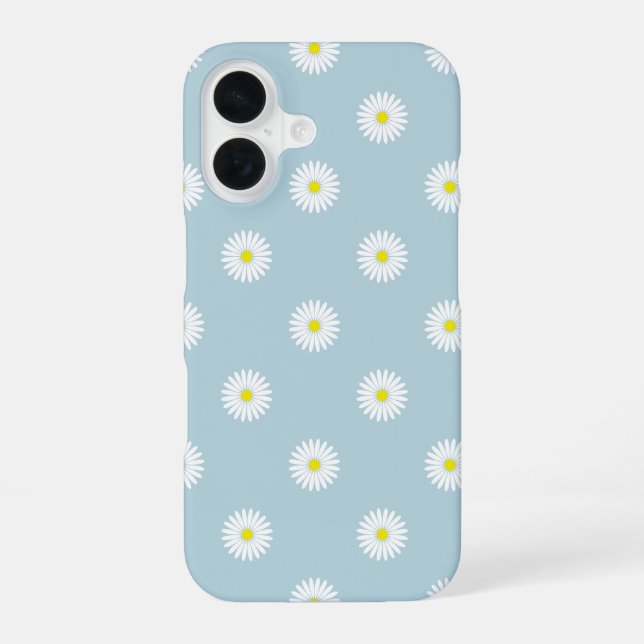 Daisies Illustrative Pattern on Pale Blue iPhone 16 Case (Back)