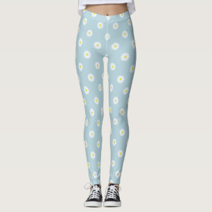 Daisies Illustrative Pattern on Pale Blue Leggings