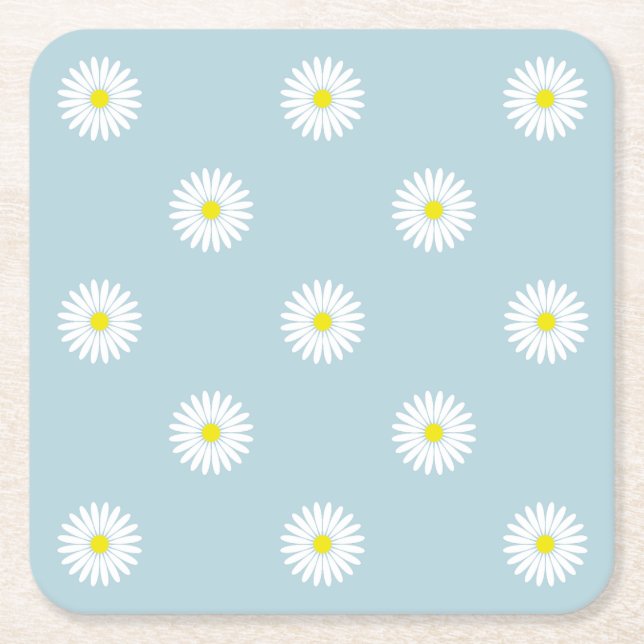 Daisies Illustrative Pattern on Pale Blue Square Paper Coaster (Front)