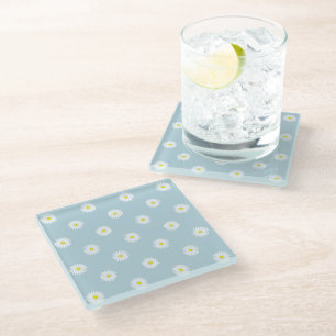 Daisies Illustrative Rpt Pattern on Pale Blue Glass Coaster