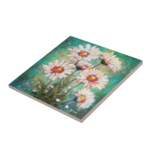 Daisies Impressionistic Floral Painting Teal Green Ceramic Tile