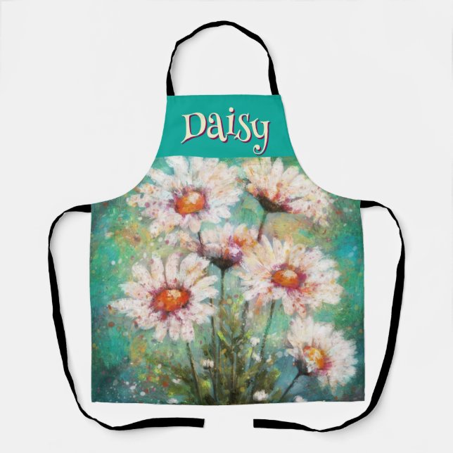 Daisies Impressionistic Floral Teal Personalised Apron (Front)