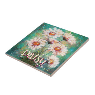 Daisies Impressionistic Floral Teal Personalised Ceramic Tile