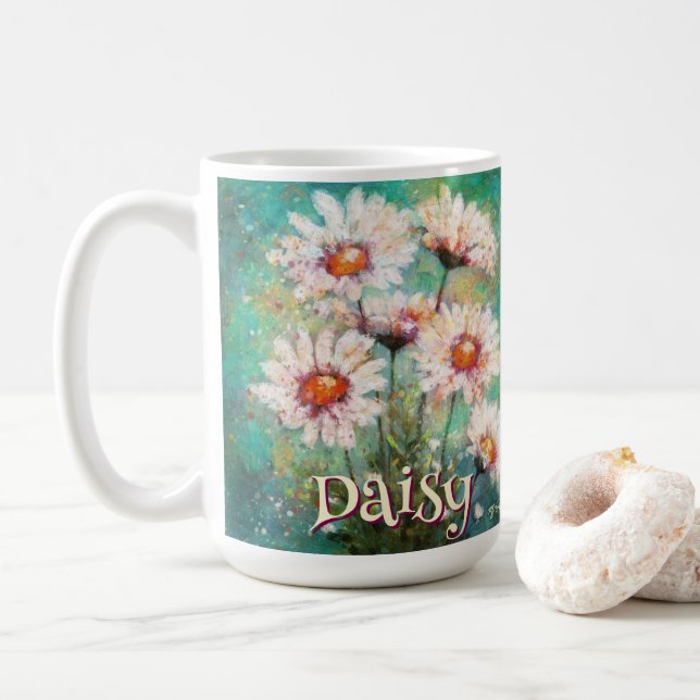 Daisies Impressionistic Floral Teal Personalised Coffee Mug (With Donut)