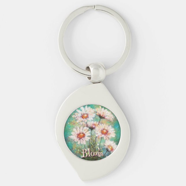 Daisies Impressionistic Floral Teal Personalised Key Ring (Front)