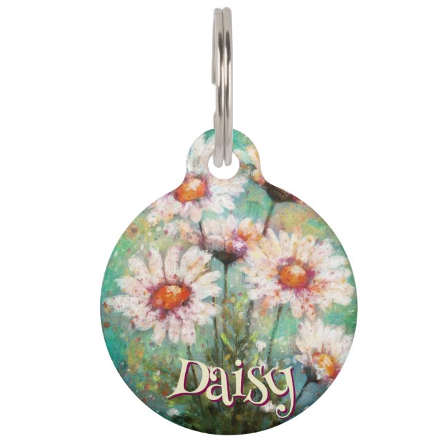 Daisies Impressionistic Floral Teal Personalised Pet Tag (Front)
