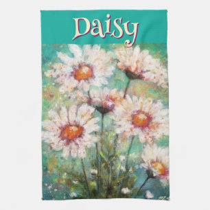 Daisies Impressionistic Floral Teal Personalised Tea Towel