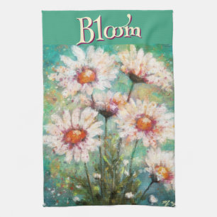 Daisies Impressionistic Floral Teal Personalised Tea Towel