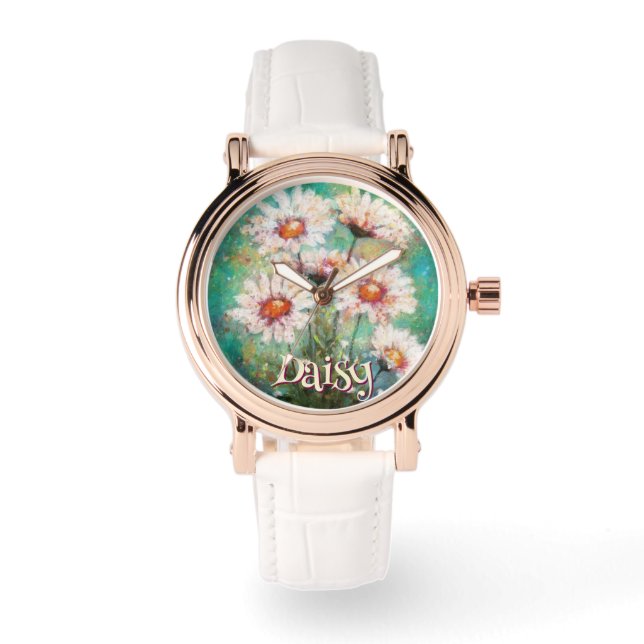 Daisies Impressionistic Floral Teal Personalised Watch (Front)