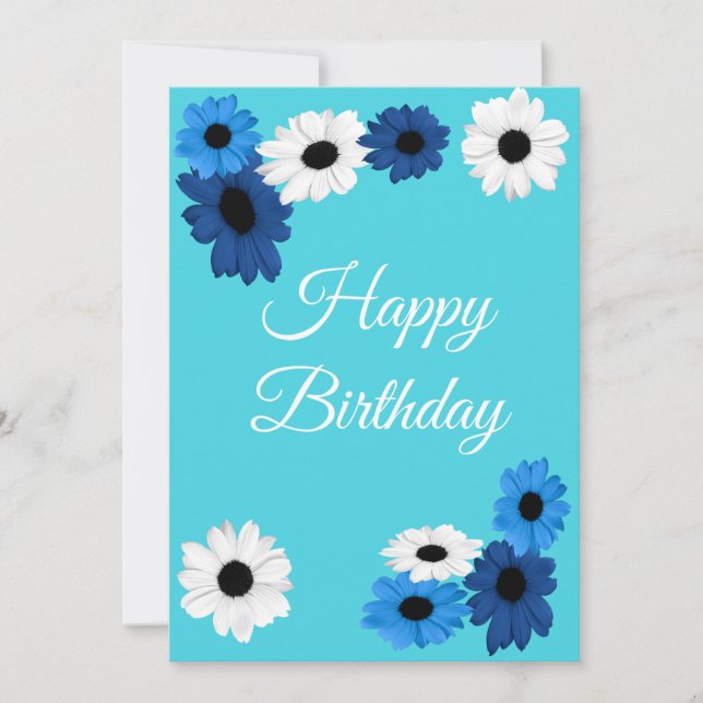 Daisies in shades of blu and white on turquoise holiday card (Front)