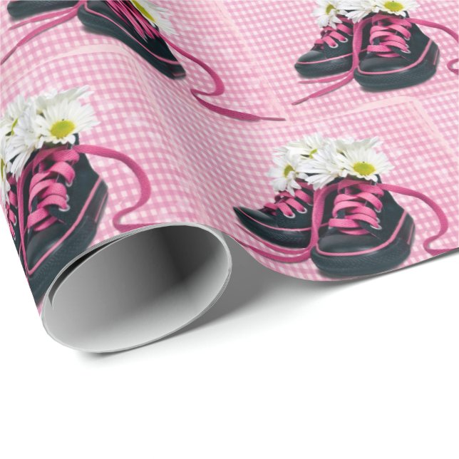 Daisies In Sneakers On Gingham Wrapping Paper (Roll Corner)
