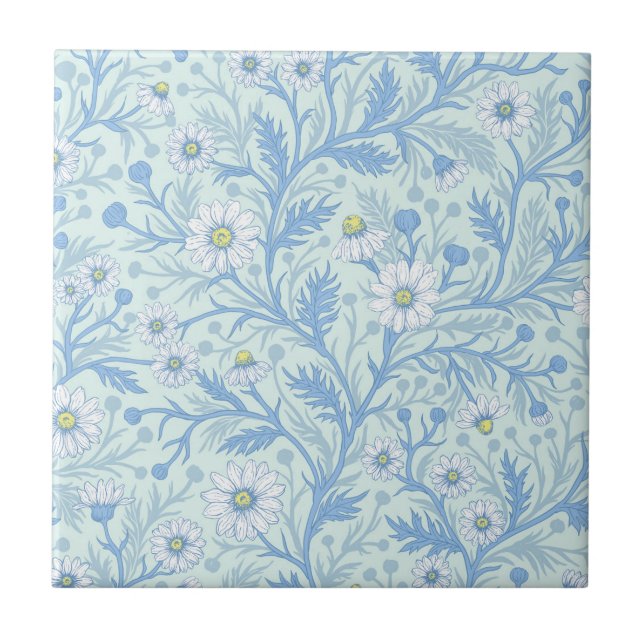 Daisies in white and blue on sea glass ceramic tile (Front)