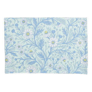 Daisies in white and blue on sea glass pillowcase