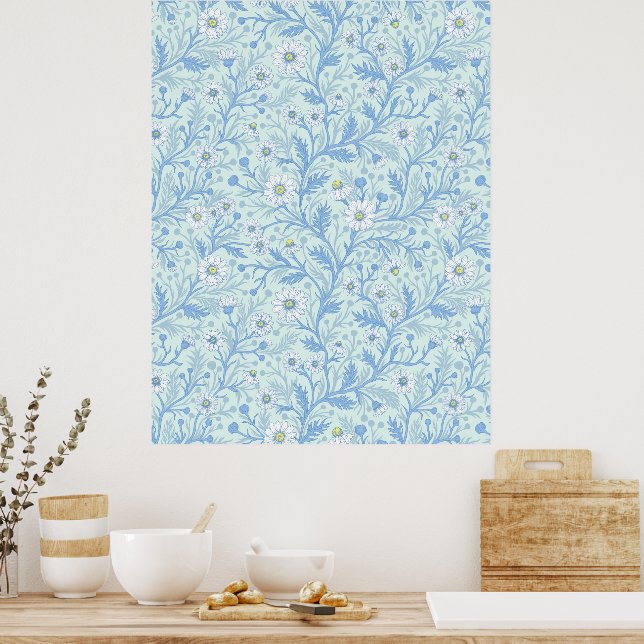 Daisies in white and blue on sea glass poster (Kitchen)