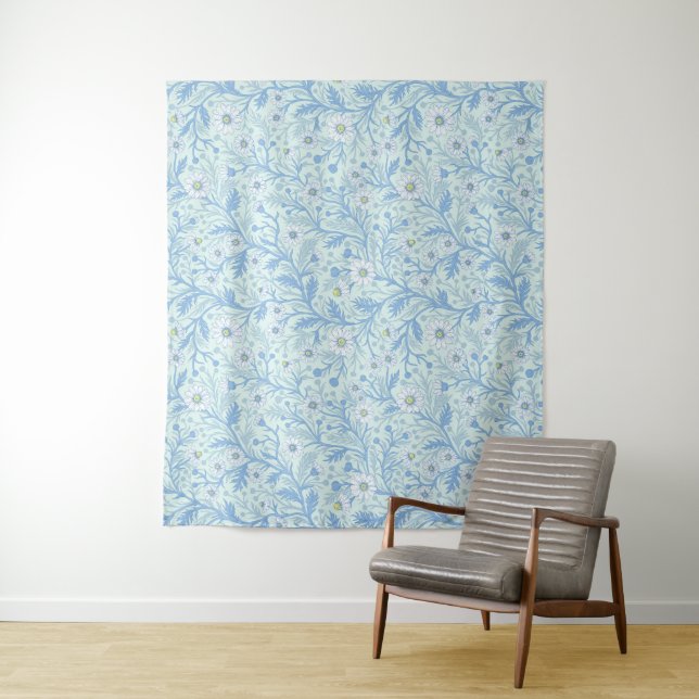 Daisies in white and blue on sea glass tapestry (In Situ)