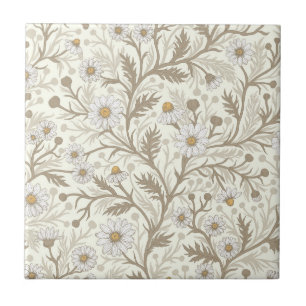 Daisies in white and brown on off white ceramic tile