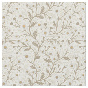 Daisies in white and brown on off white fabric