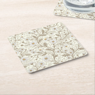 Daisies in white and brown on off white square paper coaster