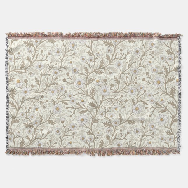 Daisies in white and brown on off white throw blanket (Front)