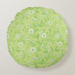 Daisies in white and green on honey dew green round cushion