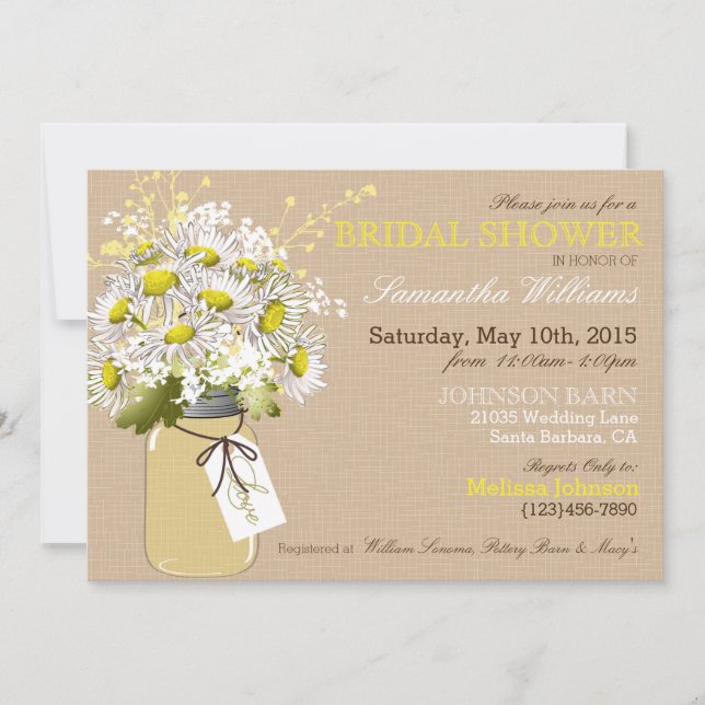 Daisies Mason Jar Burlap Rustic Bridal Shower Invitation (Front)