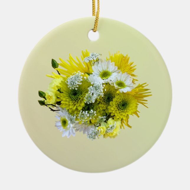 Daisies, Mums and Queen Anne's Lace Bouquet Ceramic Ornament (Front)