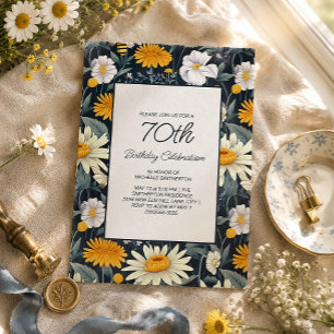 Daisies Navy Blue Yellow Garden 70th Birthday Invitation