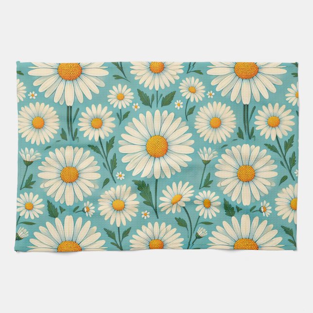 Daisies on a Soft Blue Background Tea Towel (Horizontal)