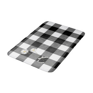 Daisies on Black and White Buffalo Plaid Bath Mat