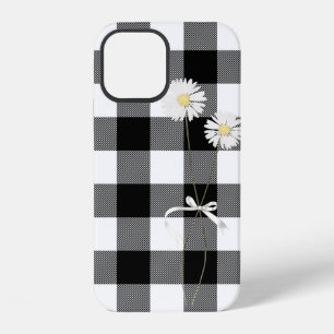 Daisies on Black and White Buffalo Plaid iPhone 12 Case