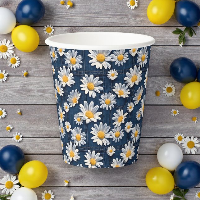 Daisies on Blue Denim Birthday Party Paper Cups (Creator Uploaded)
