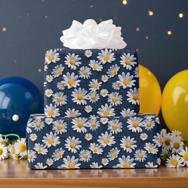 Daisies on Blue Denim Birthday  Wrapping Paper (Creator Uploaded)