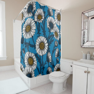 Daisies on blue shower curtain