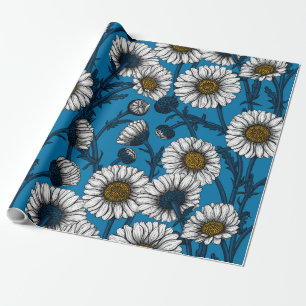 Daisies on blue wrapping paper