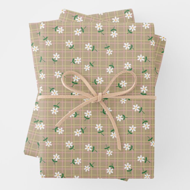 Daisies on Brown Plaid (large scale) Wrapping Paper Sheet (In situ)