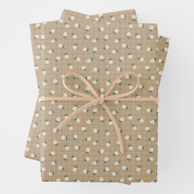 Daisies on Brown Plaid (small scale) Wrapping Paper Sheet (In situ)