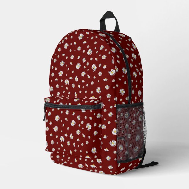 Daisies On Dark Red KiniArt Printed Backpack (Back Corner Right)