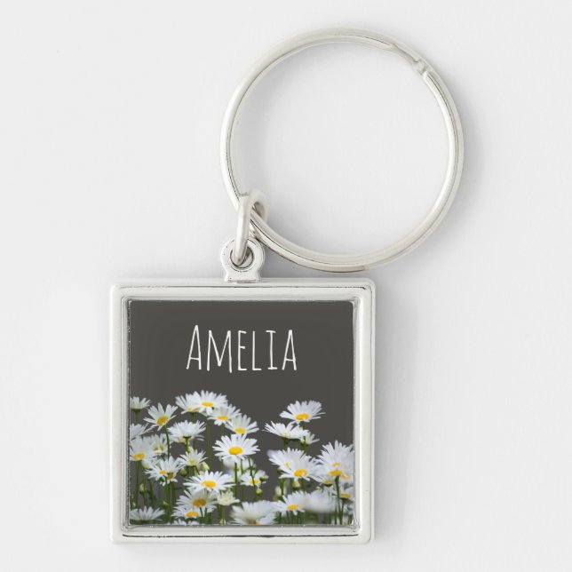 Daisies on Gray Personalized Key Ring (Front)