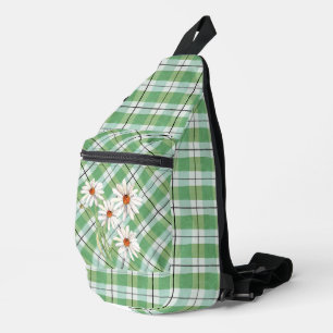 Daisies On Green and White Tartan Plaid Sling Bag