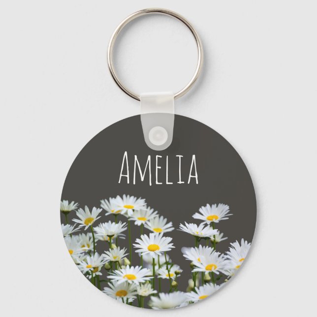 Daisies on Grey Personalised Key Ring (Front)