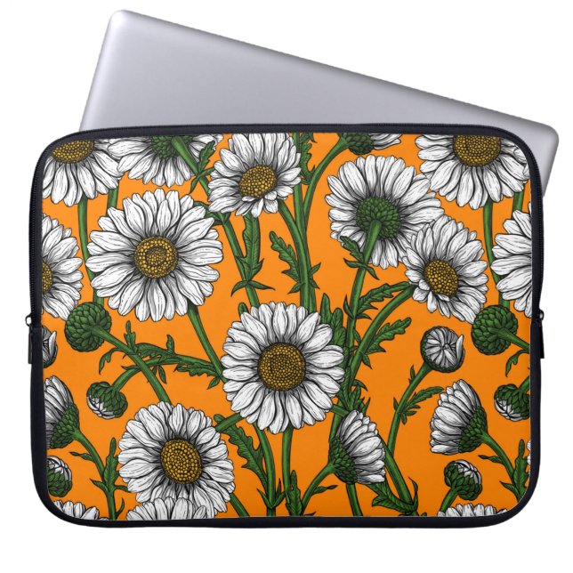 Daisies on orange laptop sleeve (Front)