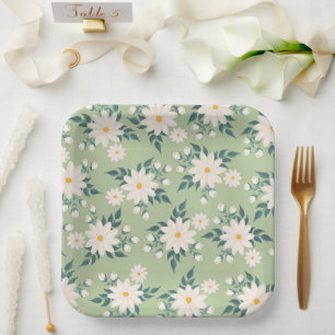 Daisies on Pastel Green Background Paper Plate
