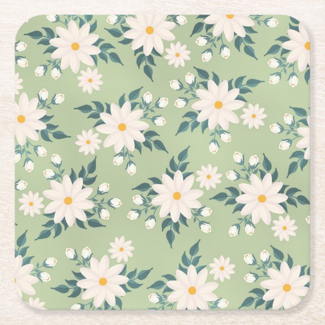 Daisies on Pastel Green Background Square Paper Coaster (Front)