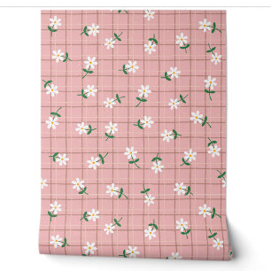 Daisies on Pink Plaid (large scale) Wallpaper