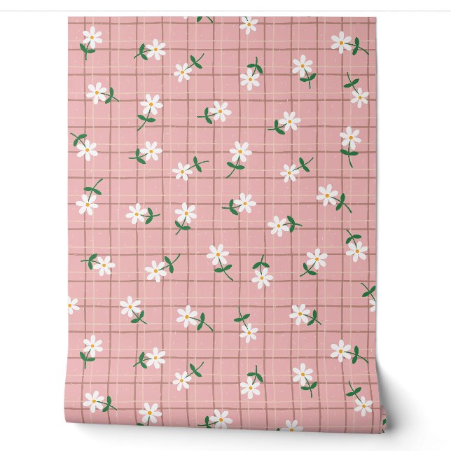 Daisies on Pink Plaid (large scale) Wallpaper (Unrolling)