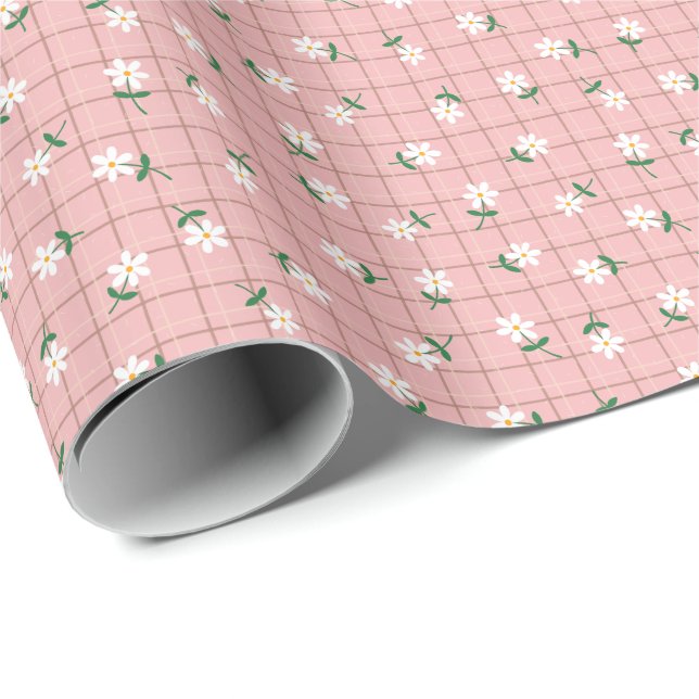 Daisies on Pink Plaid (small scale) Wrapping Paper (Roll Corner)